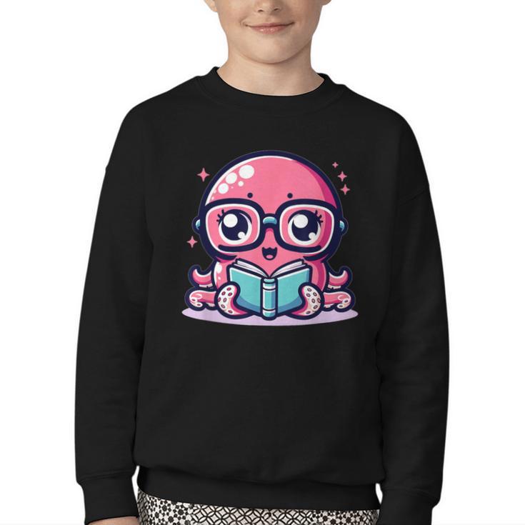 Adorable Book Lover Octopus With Reading Glasses Cute Youth Crewneck Sweatshirt