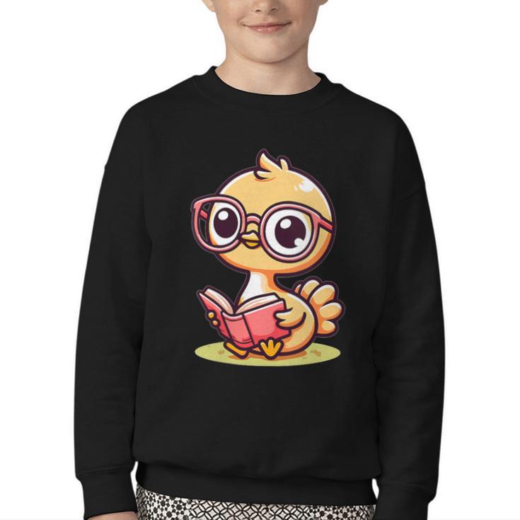 Adorable Book Lover Ostrich With Reading Glasses Cute Youth Crewneck Sweatshirt