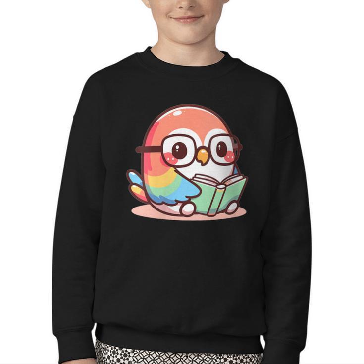 Adorable Book Lover Parrot With Reading Glasses Cute Youth Crewneck Sweatshirt