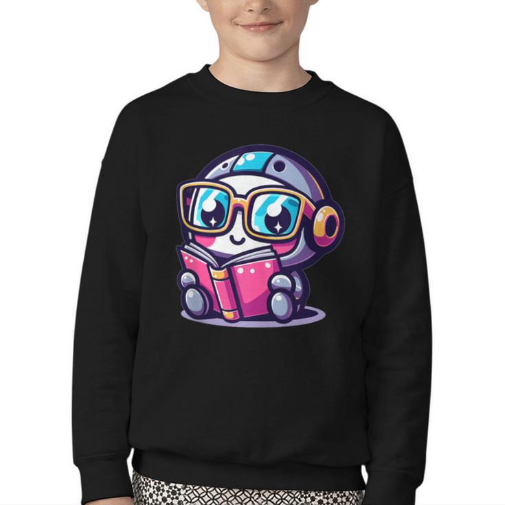 Adorable Book Lover Robot With Reading Glasses Cute Youth Crewneck Sweatshirt