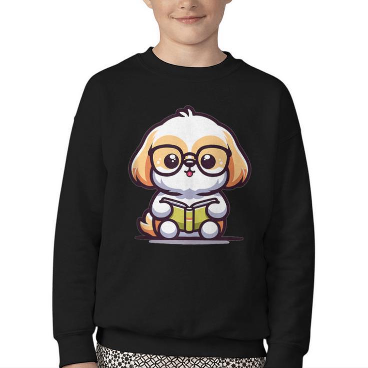 Adorable Book Lover Shih Tzu With Reading Glasses Cute Youth Crewneck Sweatshirt