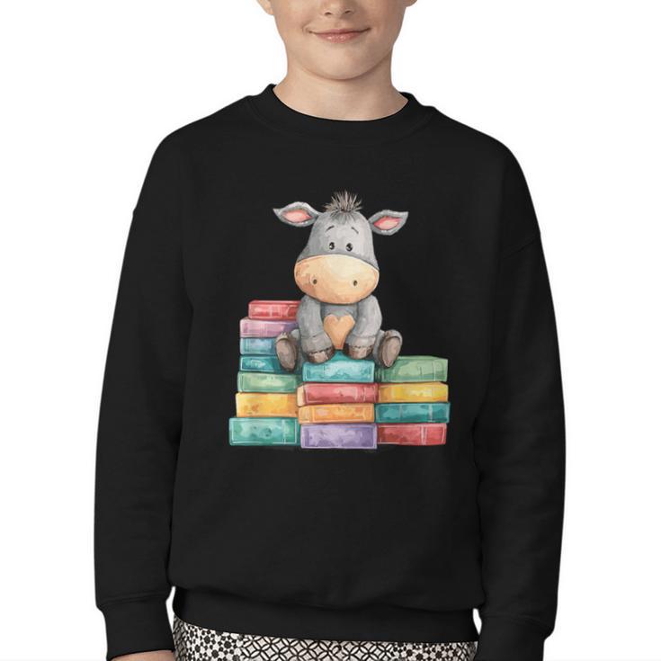 Adorable Donkey With Heart Sitting On Colorful Book Stack Youth Crewneck Sweatshirt