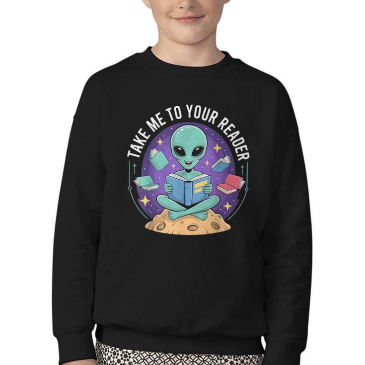 Alien Reader Reading Teacher Librarian Book Lover Youth Crewneck Sweatshirt