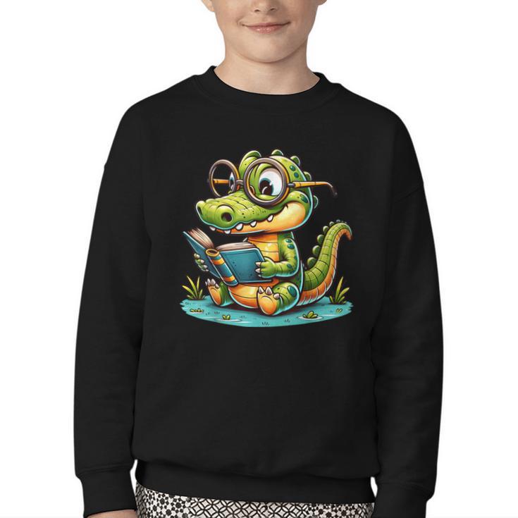 Alligator Reading a Book Animal Youth Crewneck Sweatshirt