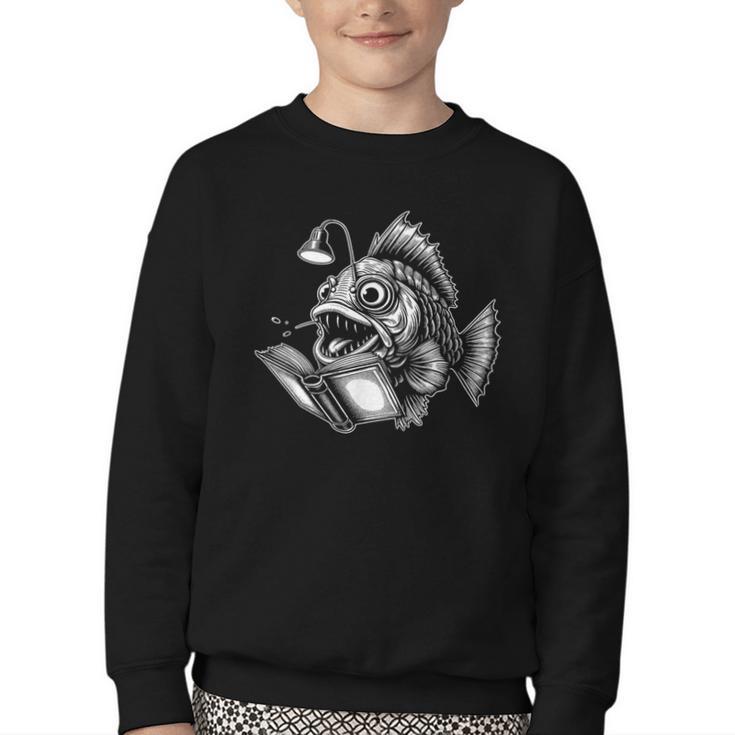 Anglerfish Reading Book Art Youth Crewneck Sweatshirt