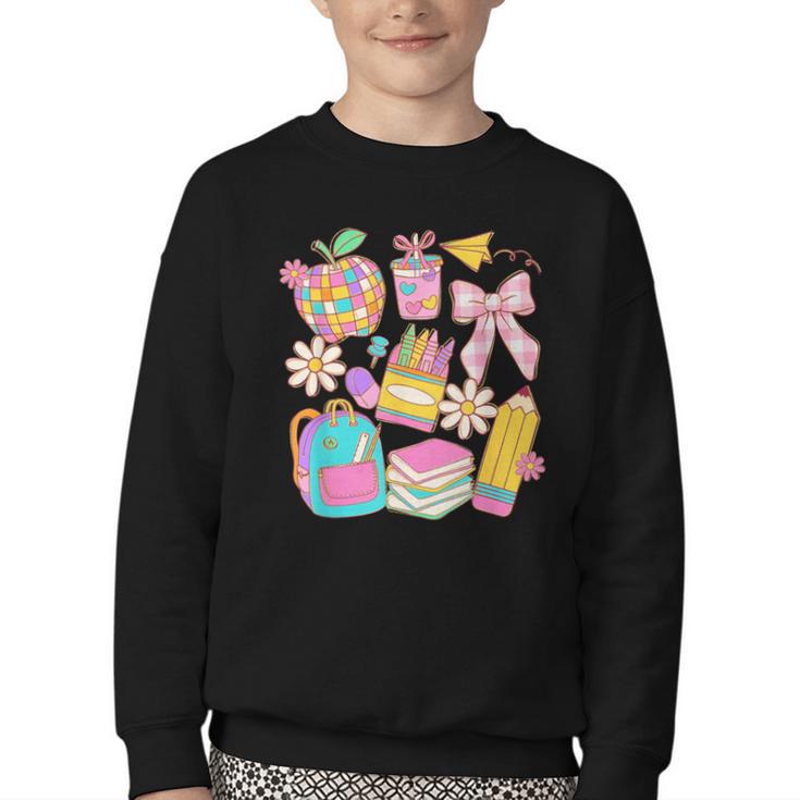 Apple Disco Pencil Books Bow Teacher Student Back To School Youth Crewneck Sweatshirt