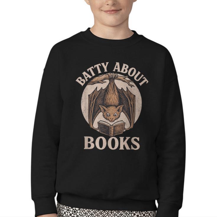 Batty About Books Reading Book Lover Men Women Distressed Youth Crewneck Sweatshirt