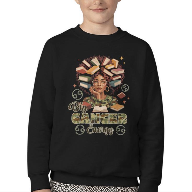 Big Cancer Energy Woman Camo Zodiac Book Teacher Youth Crewneck Sweatshirt