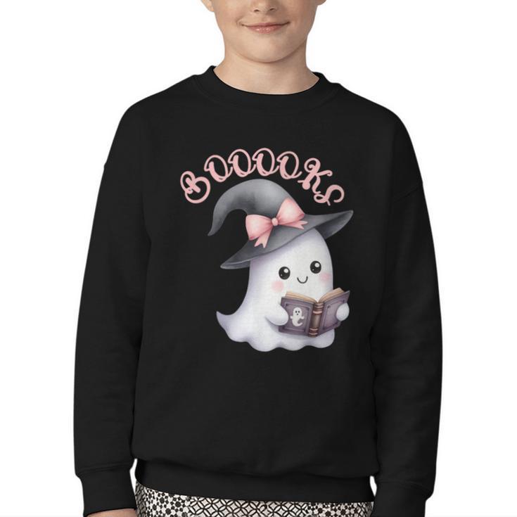 Boo Ghost Books Coquette Bow Halloween Women School Teacher Youth Crewneck Sweatshirt
