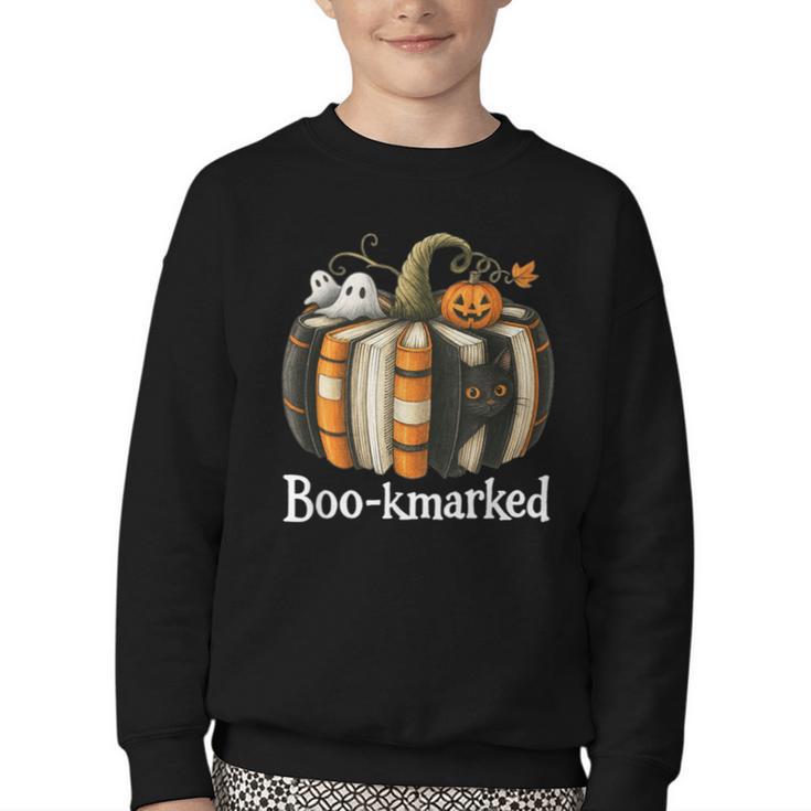 Boo-Kmarked Fall Pumpkin Books Halloween Teacher Teaching Youth Crewneck Sweatshirt