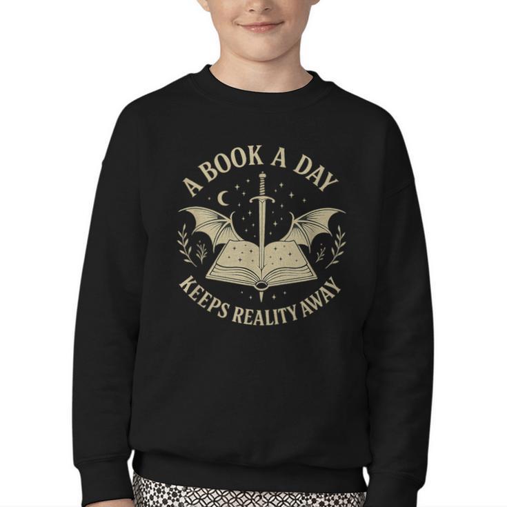 A Book A Day Keeps Reality Away Reading Escape Quote Youth Crewneck Sweatshirt