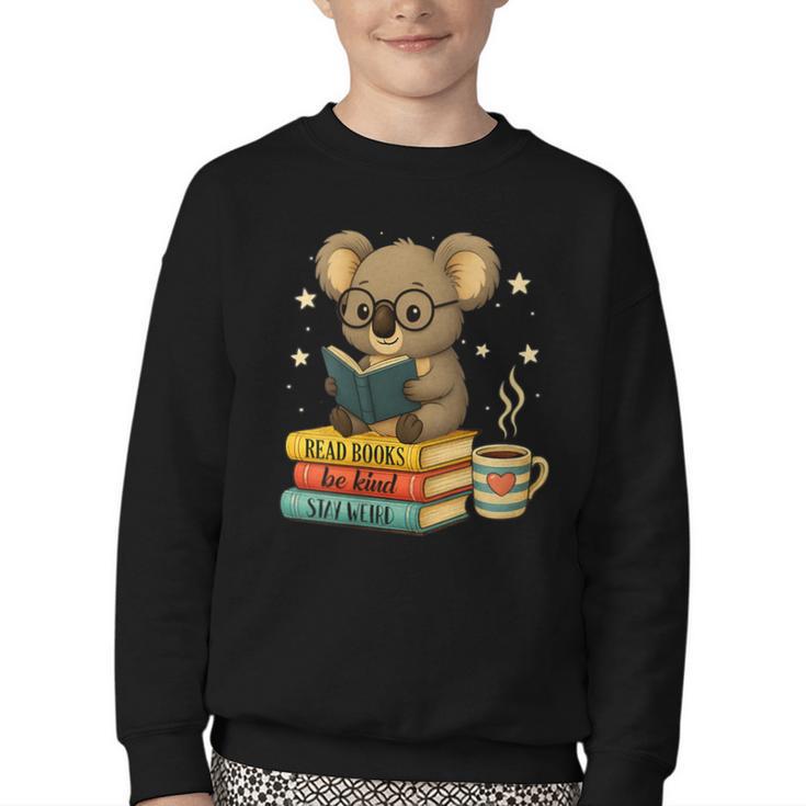 Book Lover Koala Reading Bookish Library Read Books Be Kind Youth Crewneck Sweatshirt