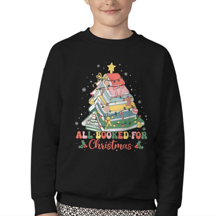 All Booked For Christmas Book Lovers Xmas Tree Lights Youth Crewneck Sweatshirt