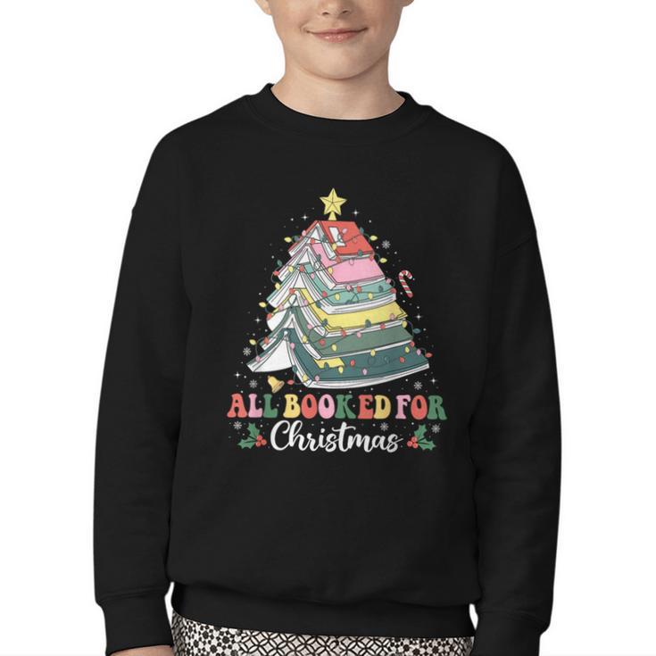 All Booked For Christmas Book Tree Lights Christmas Library Youth Crewneck Sweatshirt