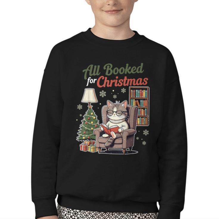 All Booked For Christmas Cute Bookish Cat Lover Youth Crewneck Sweatshirt