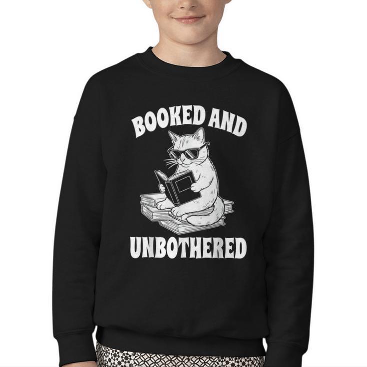 Booked And Unbothered Cat Reading Book Lovers Youth Crewneck Sweatshirt