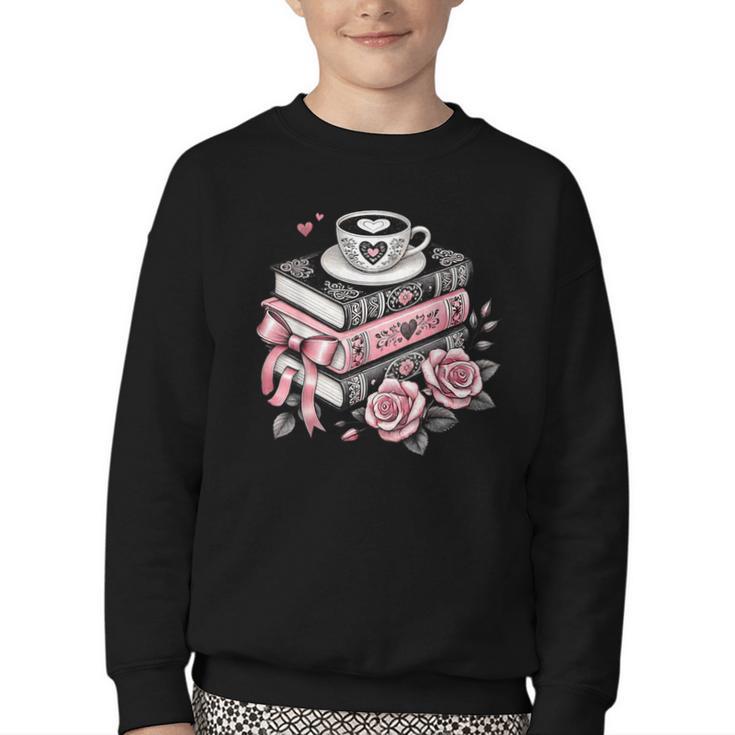 All Booked For Valentine's Coquette Bow Books Teacher Girly Youth Crewneck Sweatshirt