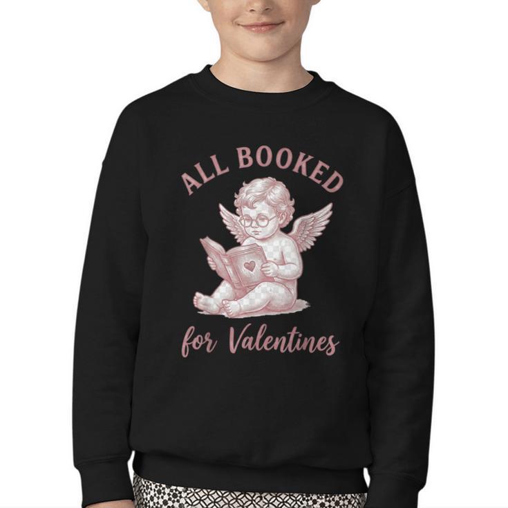 All Booked For Valentines Cute Cherub Vintage Book Lover Youth Crewneck Sweatshirt