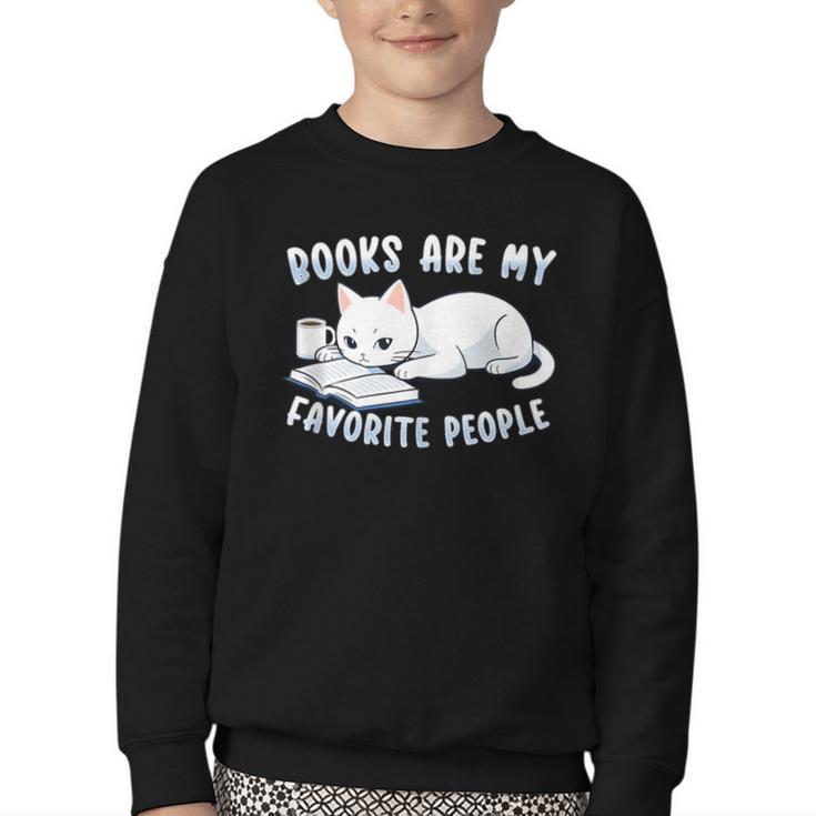 Books Are My Favorite People Cat With Coffee Mug Book Lovers Youth Crewneck Sweatshirt
