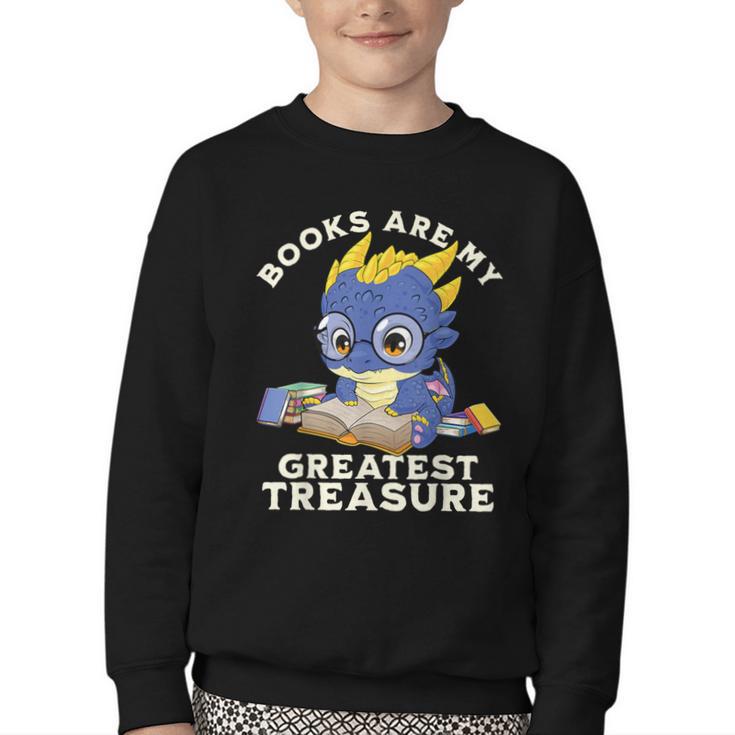 Books Are My Greatest Treasure Kawaii Dragon Reading Books Youth Crewneck Sweatshirt