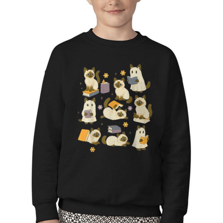 Books Lover Bookish Ghost Himalayan Cat Reading Halloween Youth Crewneck Sweatshirt