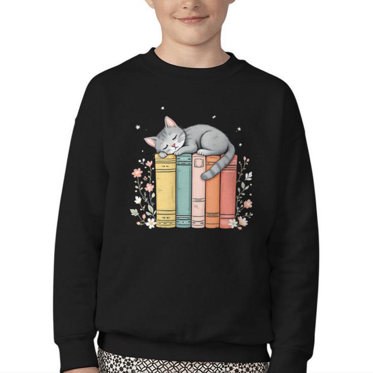 Books Lover Cute Sleepy Cat Relax Reading Vibe Youth Crewneck Sweatshirt