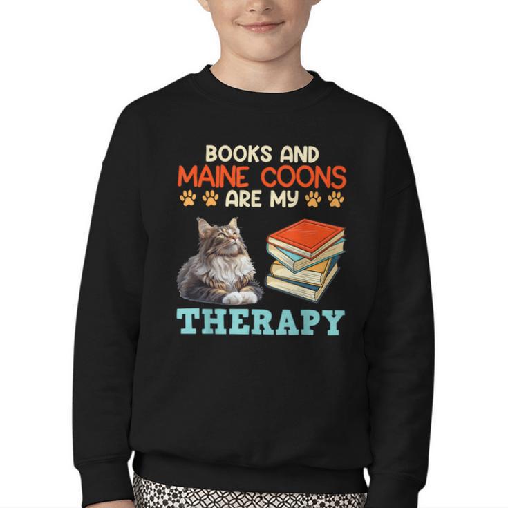 BOOKS AND MAINE COONS ARE MY THERAPY Main Coon Youth Crewneck Sweatshirt