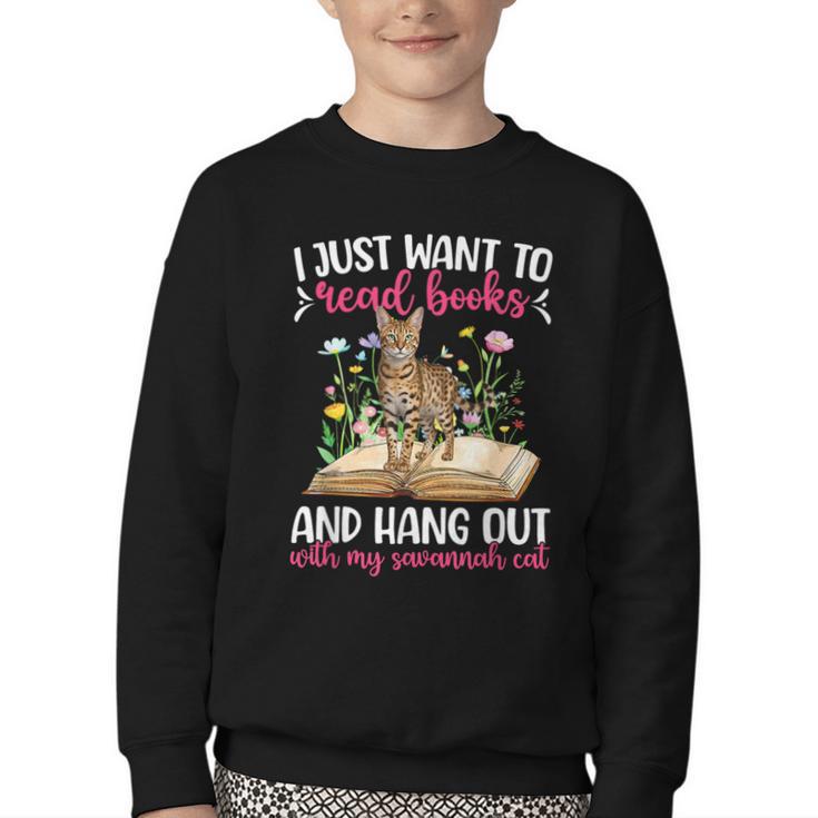 Books And My Savannah Cat Owner Savannah Cat Lover Youth Crewneck Sweatshirt