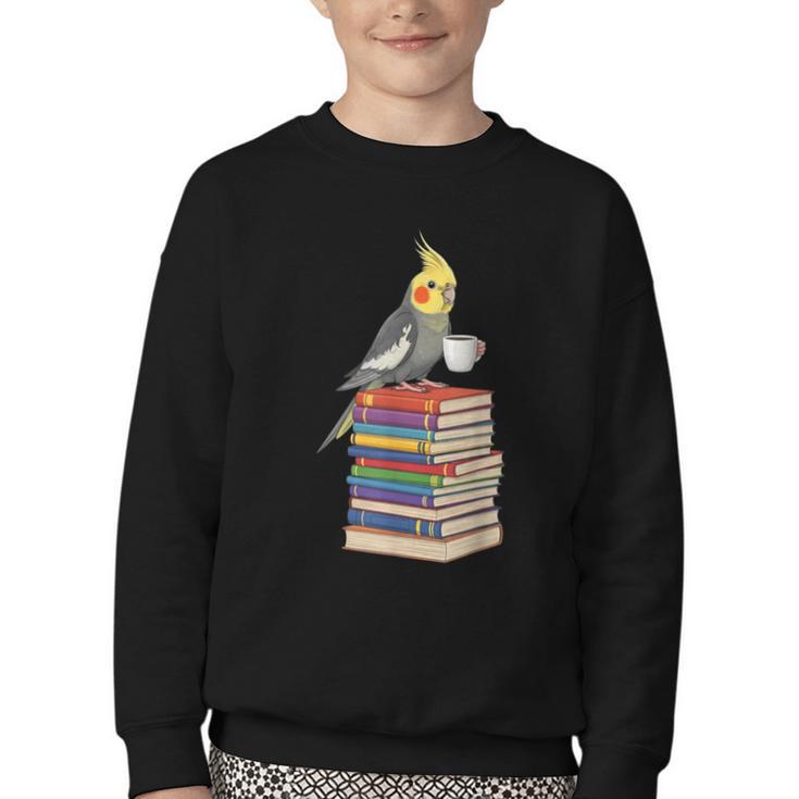 Bookworm Cockatiel Bird Reading Books Drinking Coffee Lover Youth Crewneck Sweatshirt