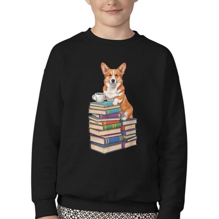 Bookworm Corgi Reading Books Drinking Coffee Dog Lover Youth Crewneck Sweatshirt