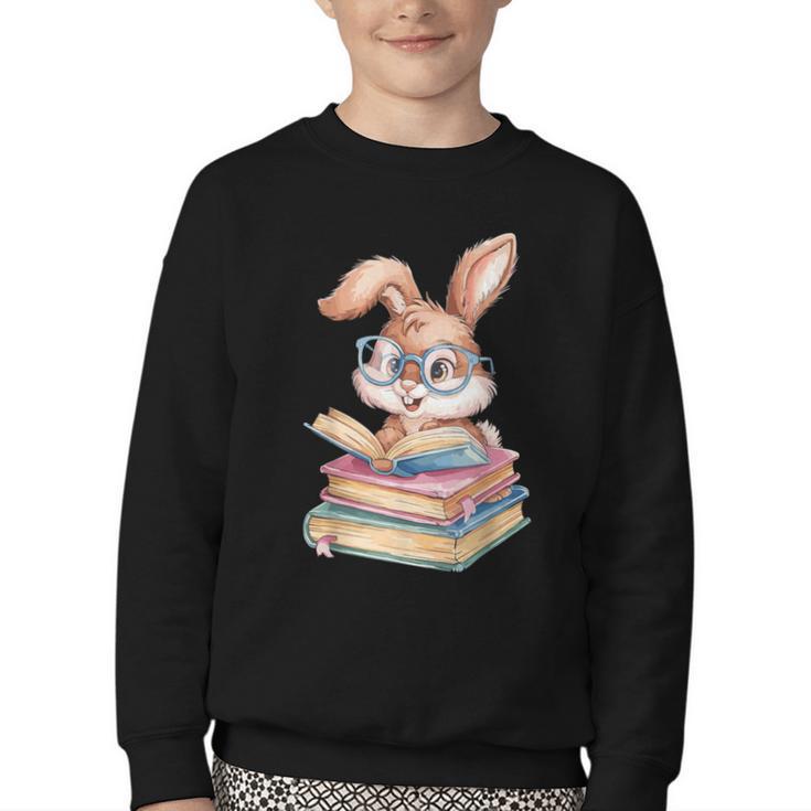Bunny Rabbit Reading Books Rabbit Books Bunny Reader Youth Crewneck Sweatshirt