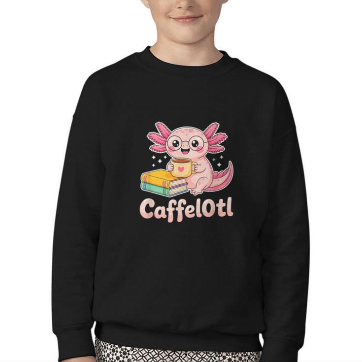 Caffelotl Cute Axolotl Pun Coffee Book Lover Kawaii Humor Youth Crewneck Sweatshirt
