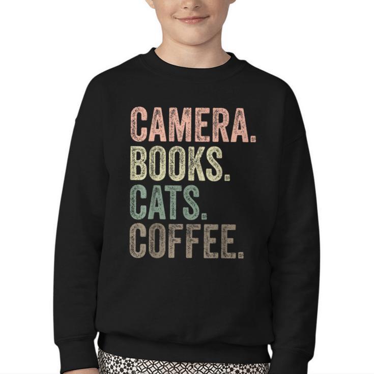 Camera Books Cats And Coffee Lover Photography Men Women Youth Crewneck Sweatshirt