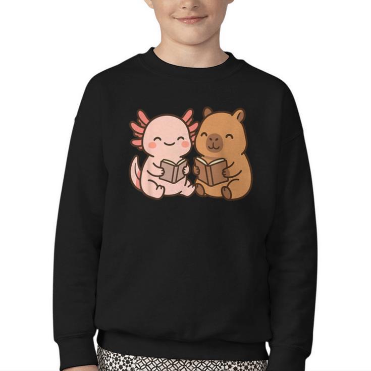Capybara Axolotl Kawaii Kids Anime Book Lover Reading Youth Crewneck Sweatshirt