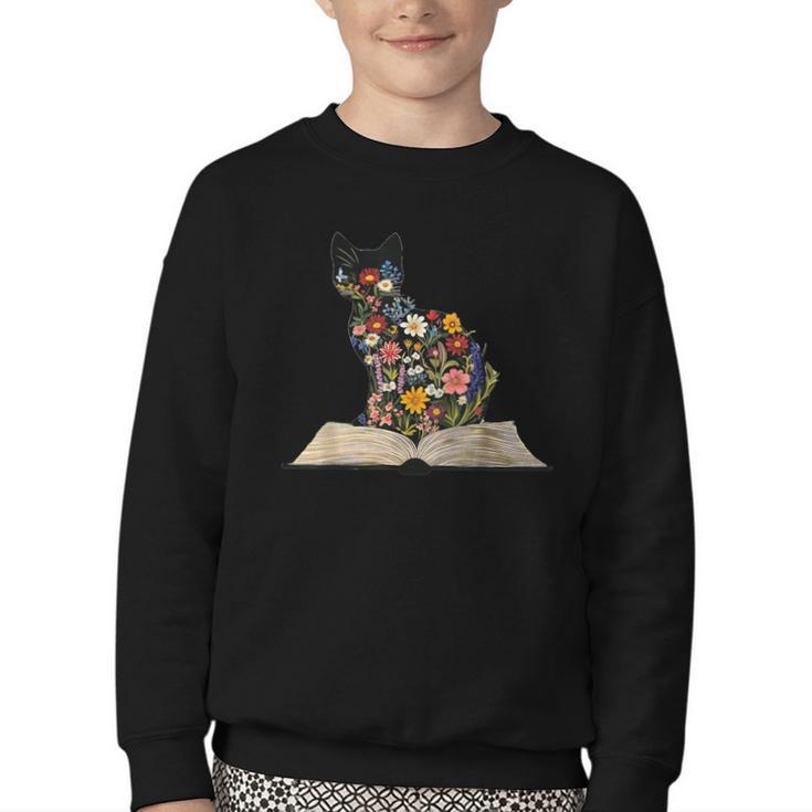 Cat Book Flowers Youth Crewneck Sweatshirt