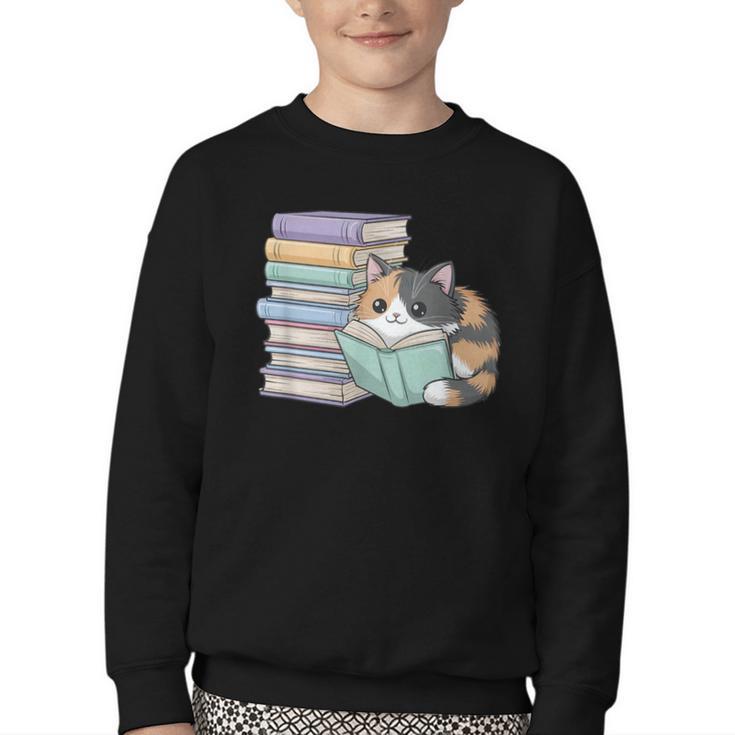 Cat On Books Pets Cats Reading Book Nerd Read Reader Bookcat Youth Crewneck Sweatshirt