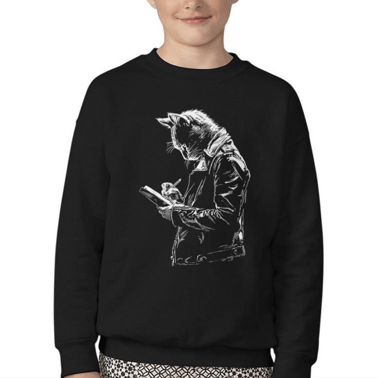 Cat Holds Book Writing Animal Print Motif Drawing Art Cat Youth Crewneck Sweatshirt