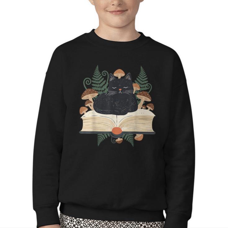Cat On Open Book Mushrooms Ferns Dark Academia Youth Crewneck Sweatshirt