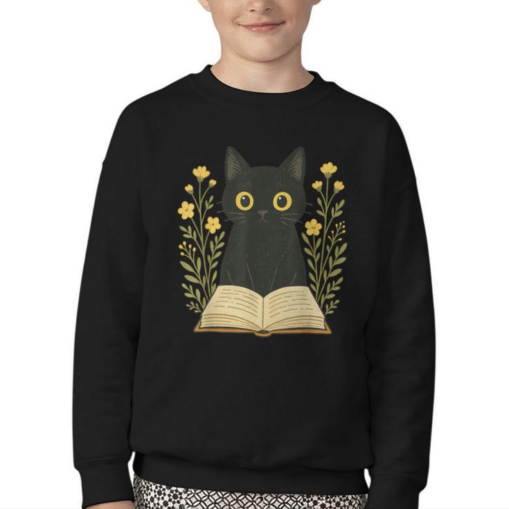 Cat Reading Book Flowers Youth Crewneck Sweatshirt