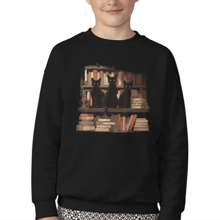 Cats Antique Books Academia Library Aesthetic Bookworm Youth Crewneck Sweatshirt