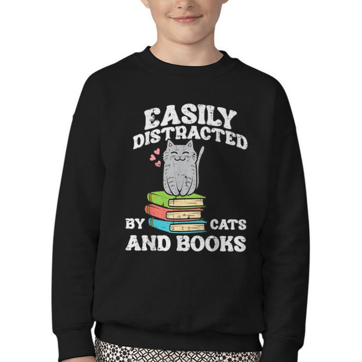 Cats And Books Read Reading Librarian Book Across America Youth Crewneck Sweatshirt