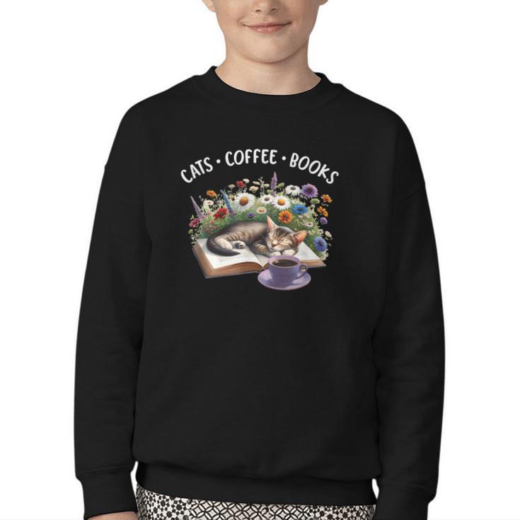 Cats Coffee Books Youth Crewneck Sweatshirt
