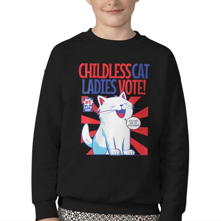 Childless Cat Ladies Vote Kamala Harris Cute Comic Book Cat Youth Crewneck Sweatshirt