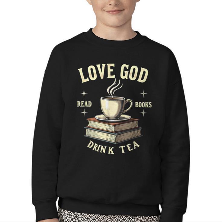 Christian Bookworm Love God Read Books Drink Tea Youth Crewneck Sweatshirt