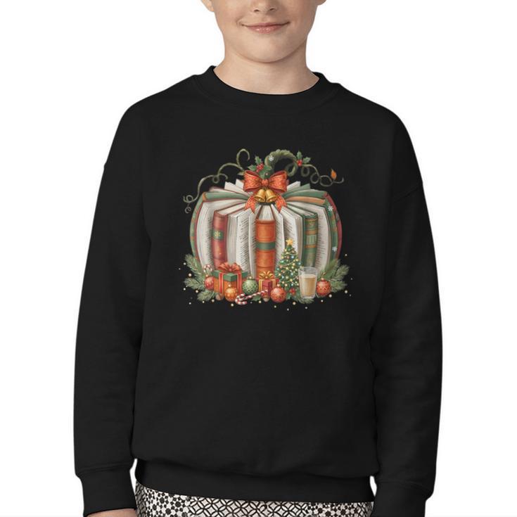 Christmas Book Pumpkin Reading Holiday Lovers Teacher Youth Crewneck Sweatshirt