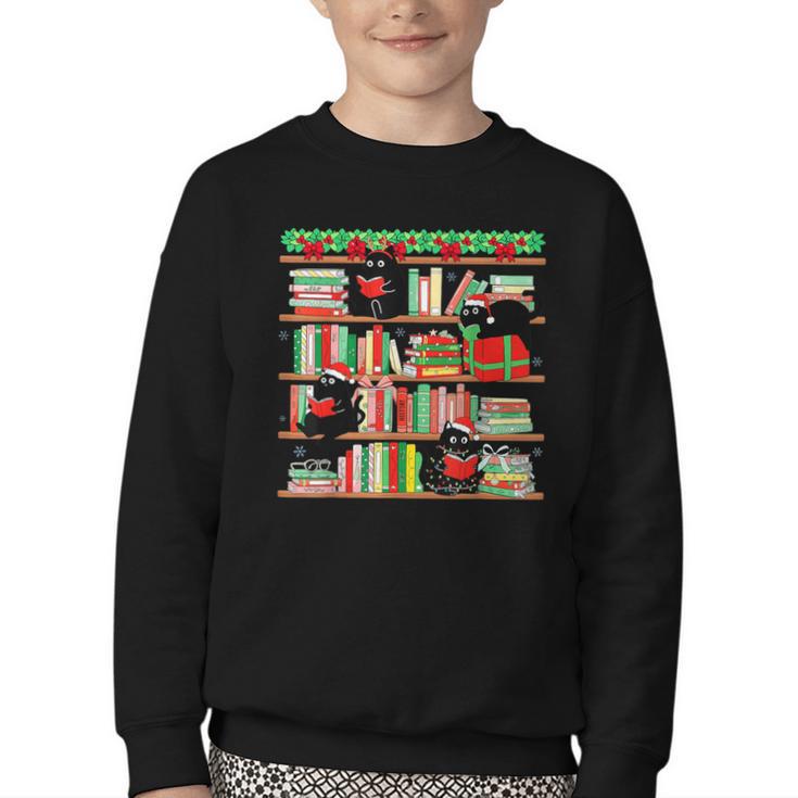 Christmas Cat Santa Bookshelves Book Lover Reader Youth Crewneck Sweatshirt