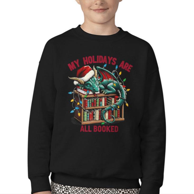Christmas Dragon My Holidays Are All Booked Book Lovers Kids Youth Crewneck Sweatshirt