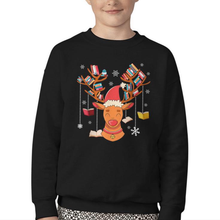 Christmas Librarian Reindeer Xmas Book Teachers Love Reading Youth Crewneck Sweatshirt