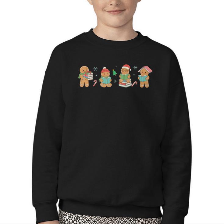 Christmas Library Gingerbread Man Books Lover Bookish Youth Crewneck Sweatshirt