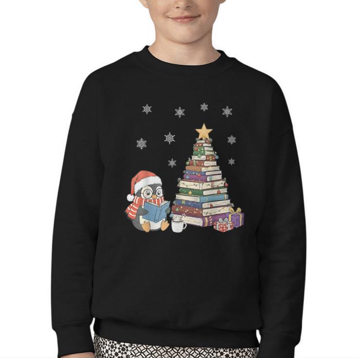 Christmas A Penguin Reading Book Snowflake Cocoa Hot Teacher Youth Crewneck Sweatshirt